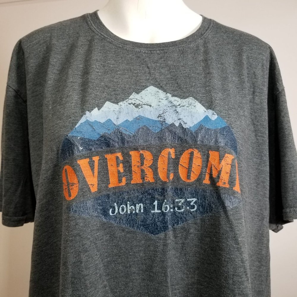Overcome Religious Church T-Shirt John 16:33 XL 2018 Grey Charcoal Shirt Cotton